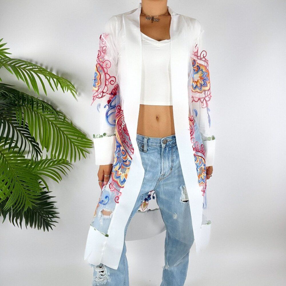 Vintage White Mesh Fairycore Bohemian Floral Embroidered Long Sleeve Cardigan /S